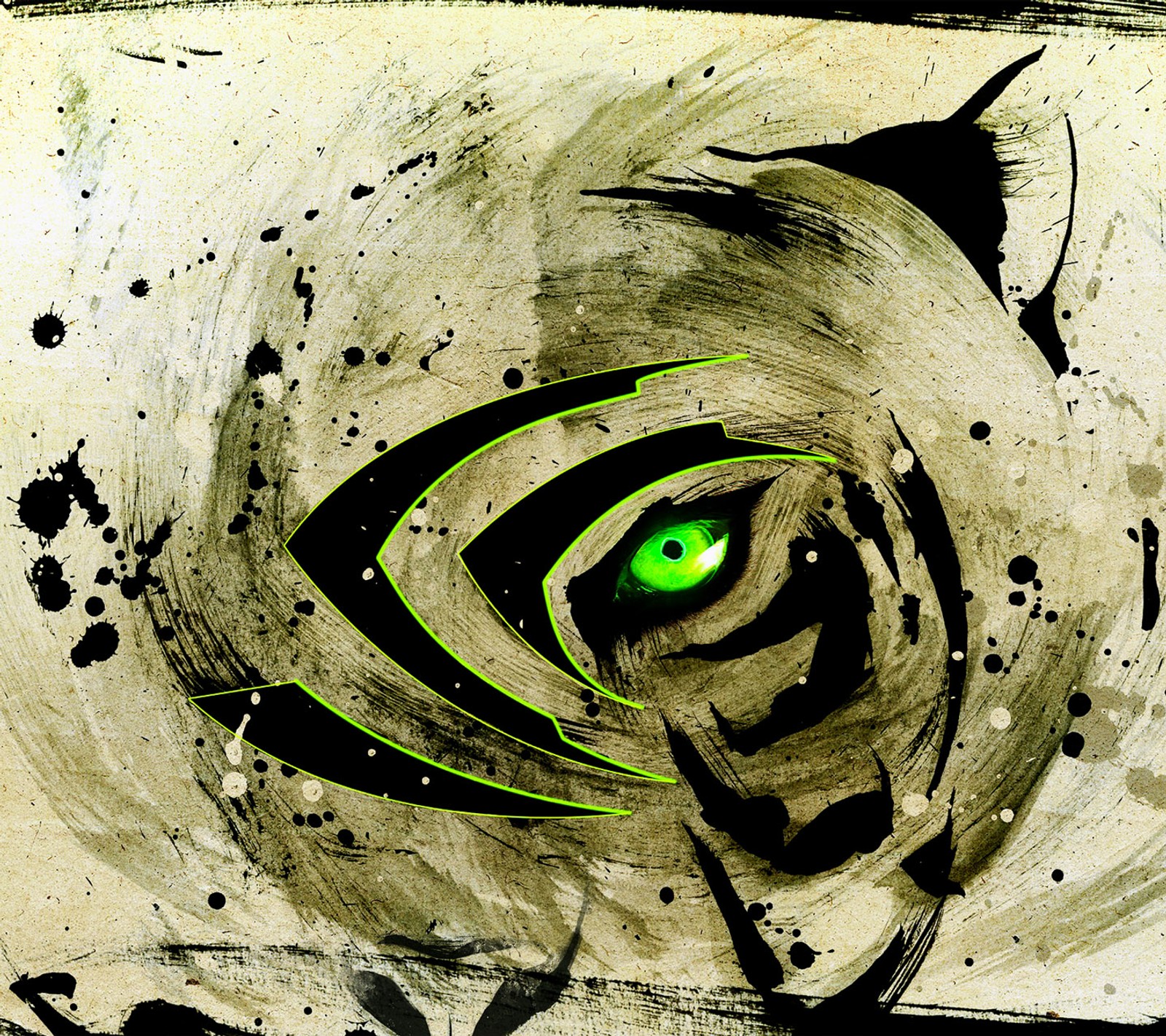 Painting of a green eye with black spots and a white background (hd, logo, paint, tiger)