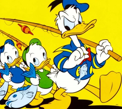 Donald Duck et ses neveux pêchent joyeusement sur un fond jaune vif.