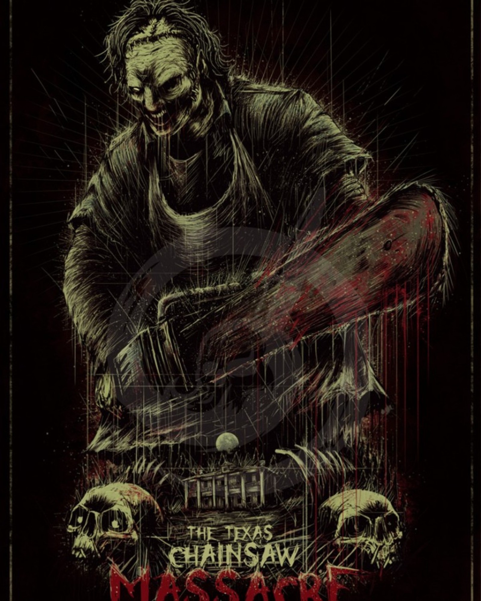 A poster of a man with a chainsaw in his hand (leatherface, texas chainsaw)