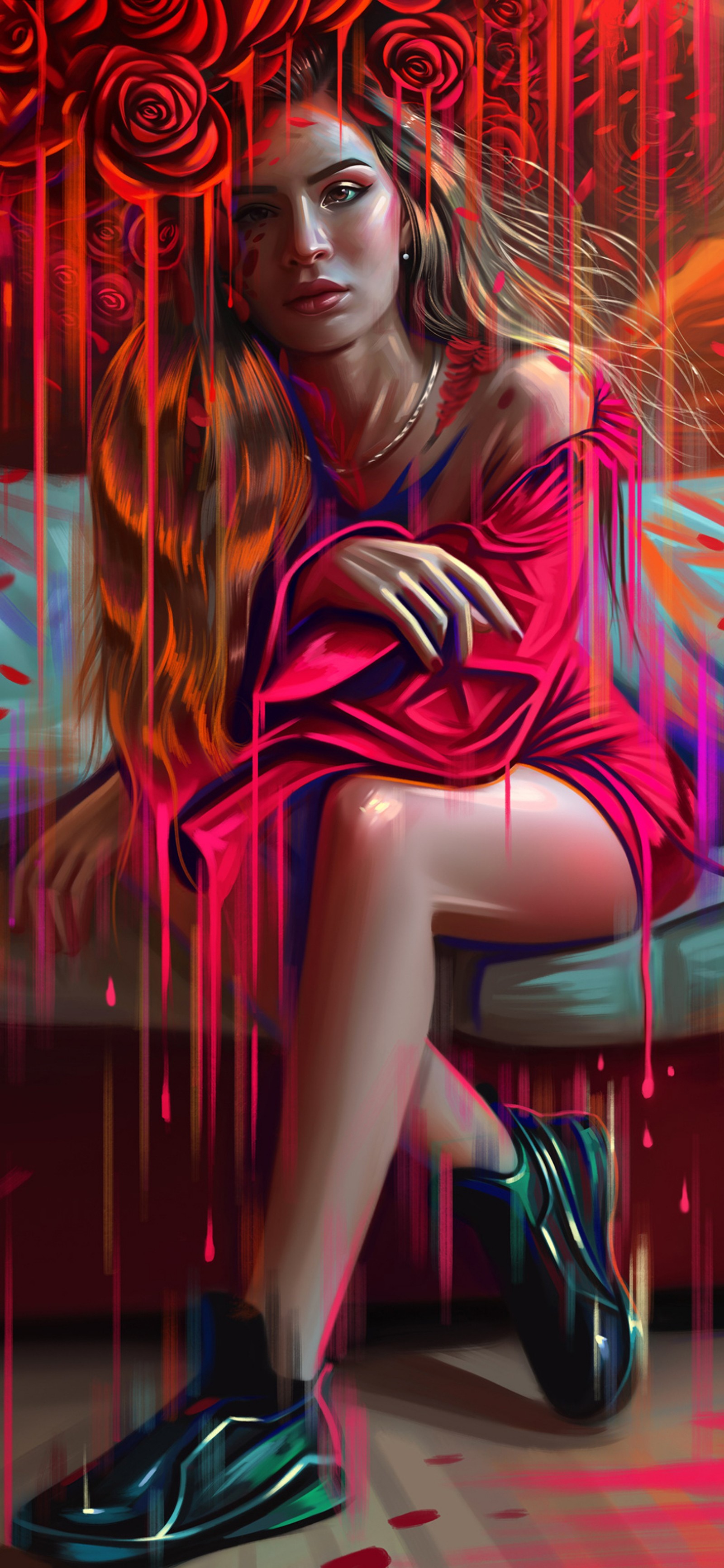 Pintura de una mujer sentada en un banco con un fondo rojo (belleza, retrato, arte, arte digital, pintura)