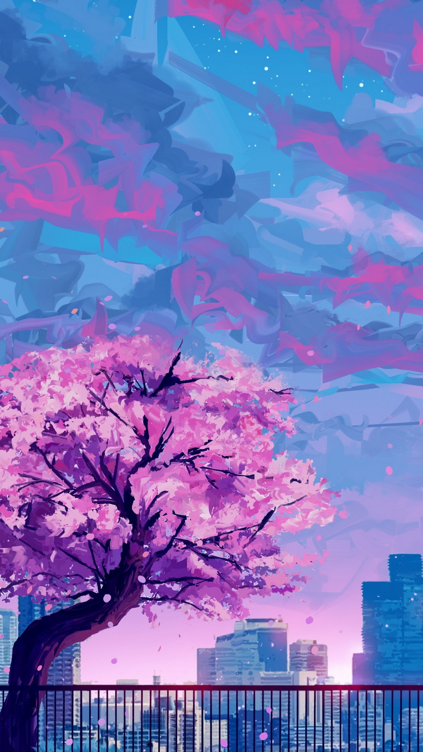 Árbol morado con flores rosas en la ciudad de noche (anime, arte de anime, arte de fans, kawaii, manga)