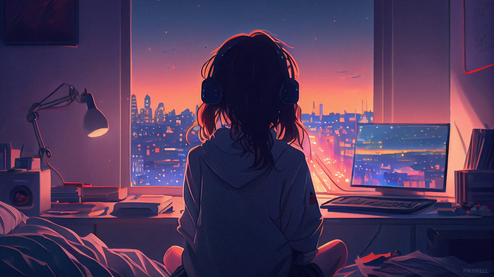 Anime, fille, nuit, ville, ordinateur, paysage urbain, paysage urbain, ville (fille lofi, écouter de la musique, fenêtre, 5k, fantaisie)