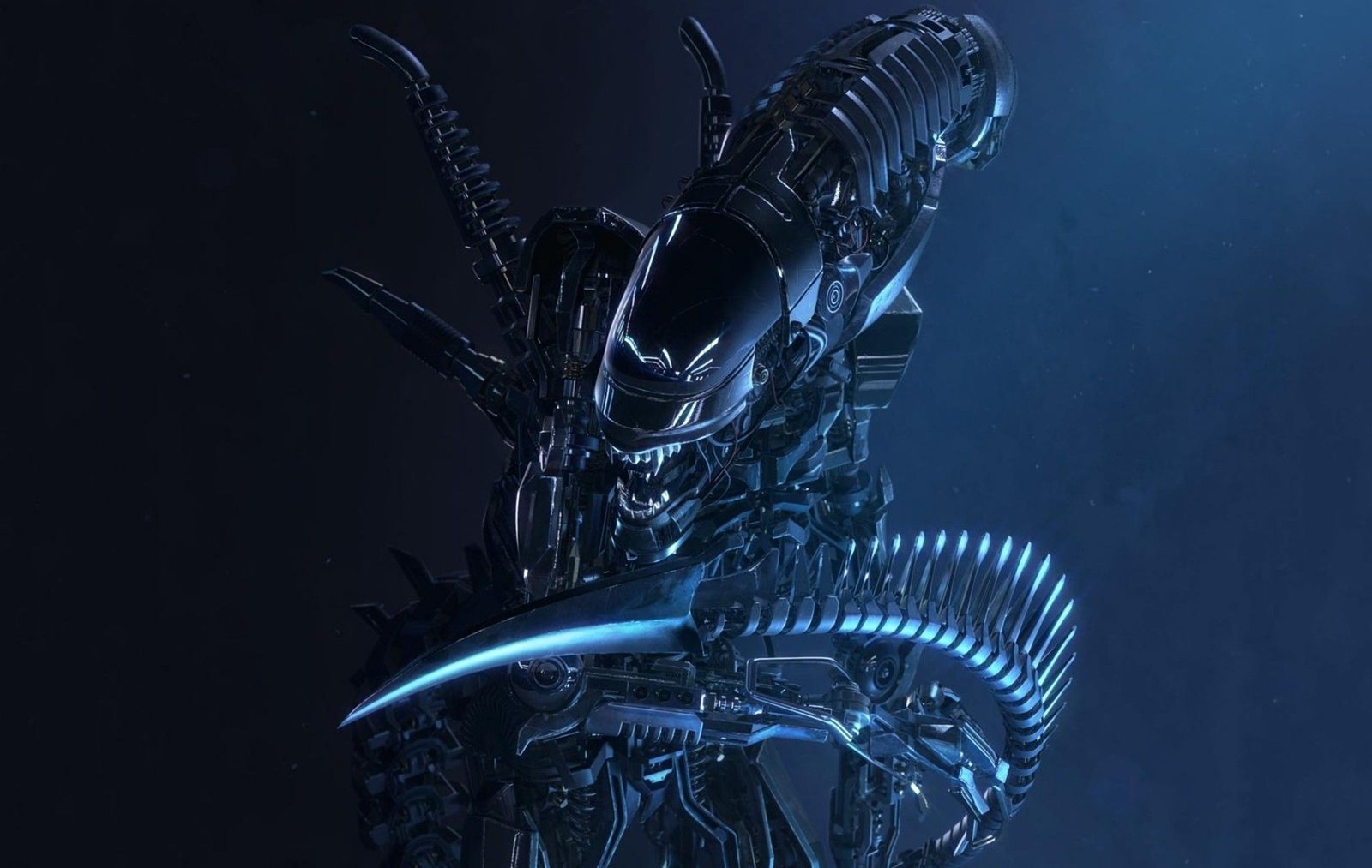 Alien robot with a large head and a long tail (alien, extraterrestrial life, deep sea fish, darkness, underwater)