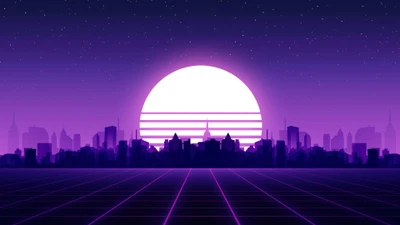 Coucher de soleil synthwave vibrant sur une ligne d'horizon de ville