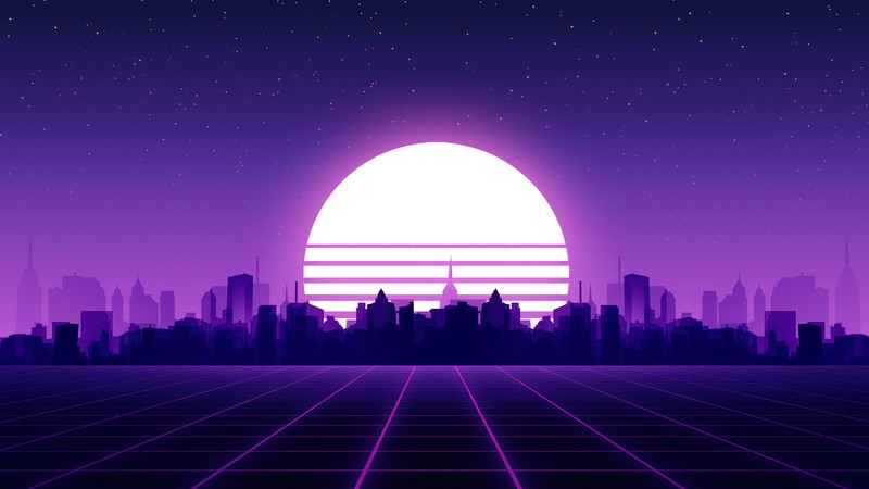 Пурпурный закат над городом с сеткой зданий (закат, город, synthwave, ретровейв, retrowave)