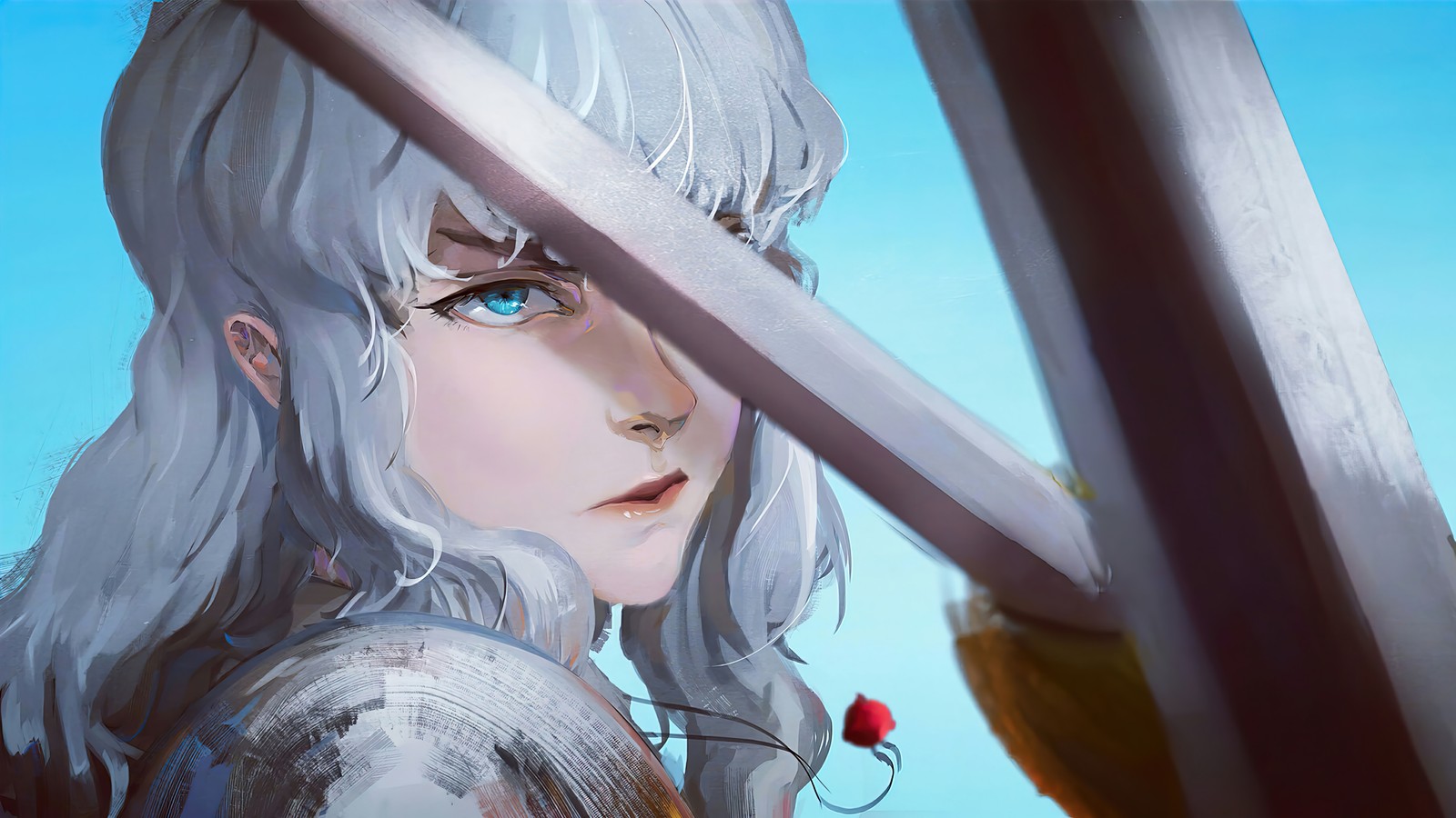 Garota de anime com cabelo branco e olhos azuis segurando uma espada (griffith, espada, berserk, anime)