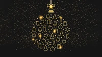 Golden Christmas Ornament with Festive Icons and Sparkling Background