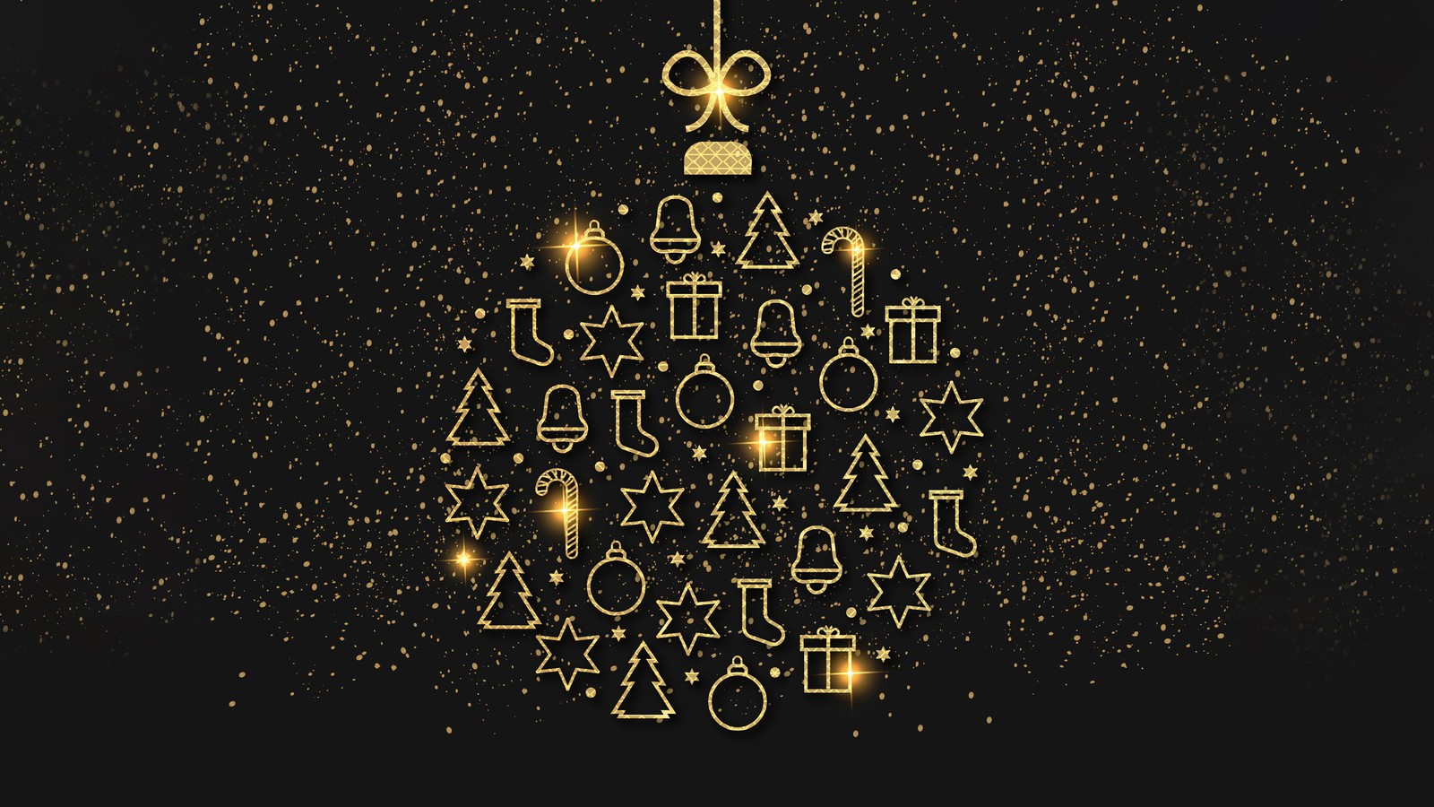 A golden christmas ball with a lot of different symbols (christmas, holiday, lights, decoration)