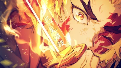 Kyojuro Rengoku, the Flame Pillar, wielding his katana amidst a fiery backdrop, embodying strength and determination in "Demon Slayer: Kimetsu no Yaiba.