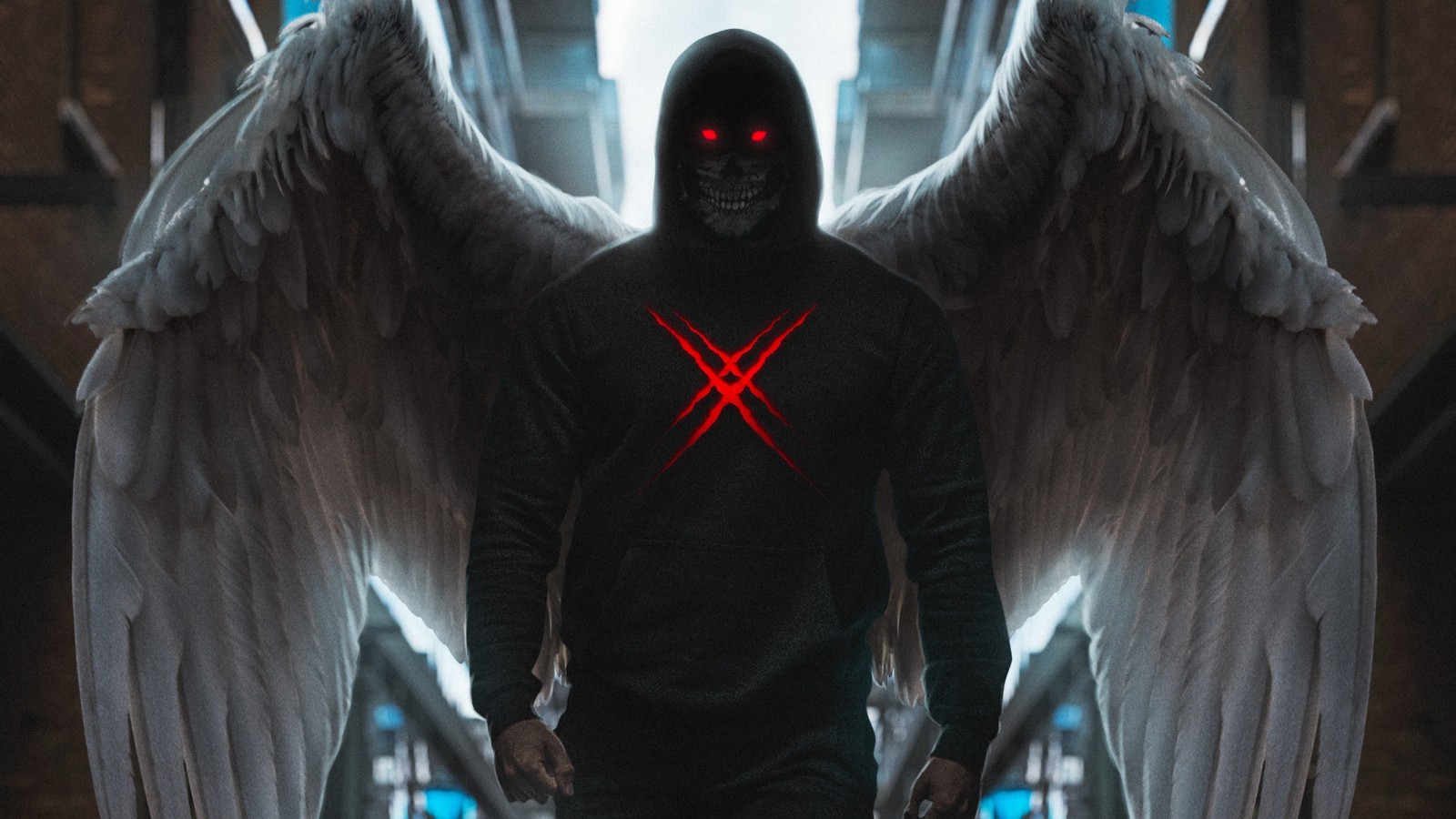 Un hombre con sudadera con alas y una luz roja en su cara (batman, superhéroe, demonio, pc game, supervillano)