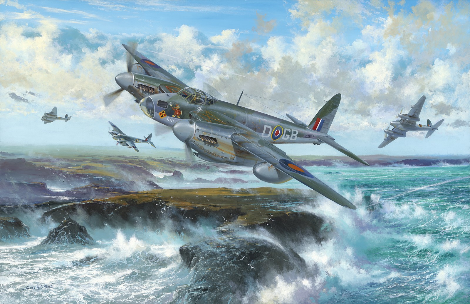 Una pintura de un grupo de aviones volando sobre un cuerpo de agua (de havilland mosquito, de havilland, avión, aeronave, avión militar)