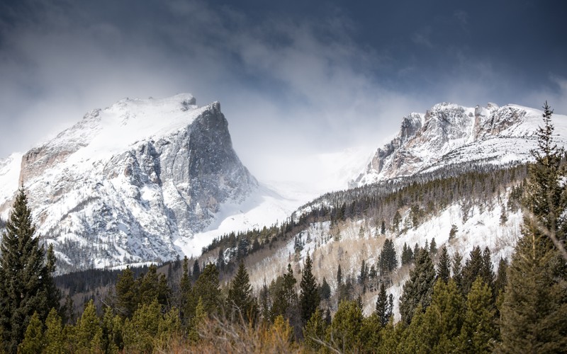 Вид на горный хребет с несколькими деревьями и немного снега (hallett peak, скалистые горы, колорадо, colorado, mountain summit)