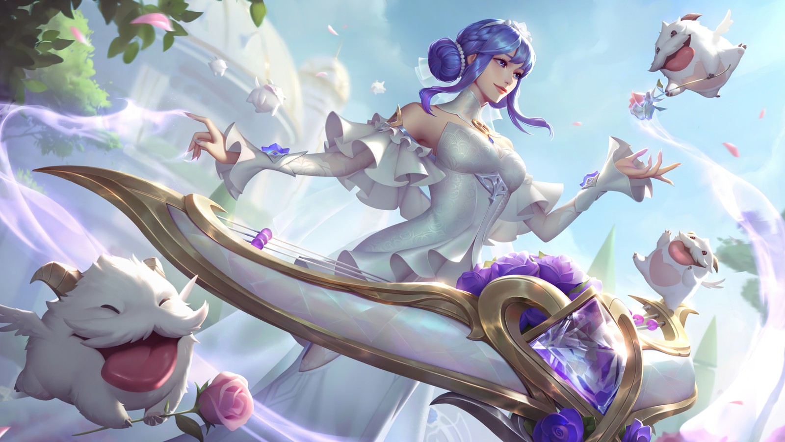 A close up of a woman with a sword and some cats (crystal rose, sona, skin, lol wild rift, splash art)