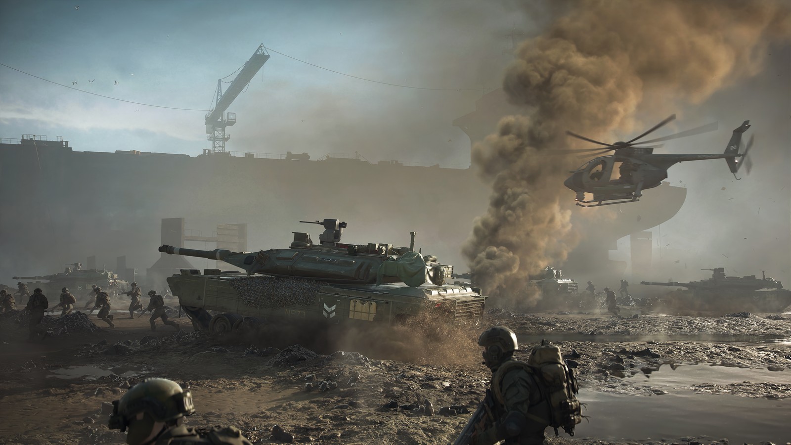 Araffes and soldiers in a field with a helicopter flying over them (battlefield 2042, video game, tank, helicopter, screenshot)