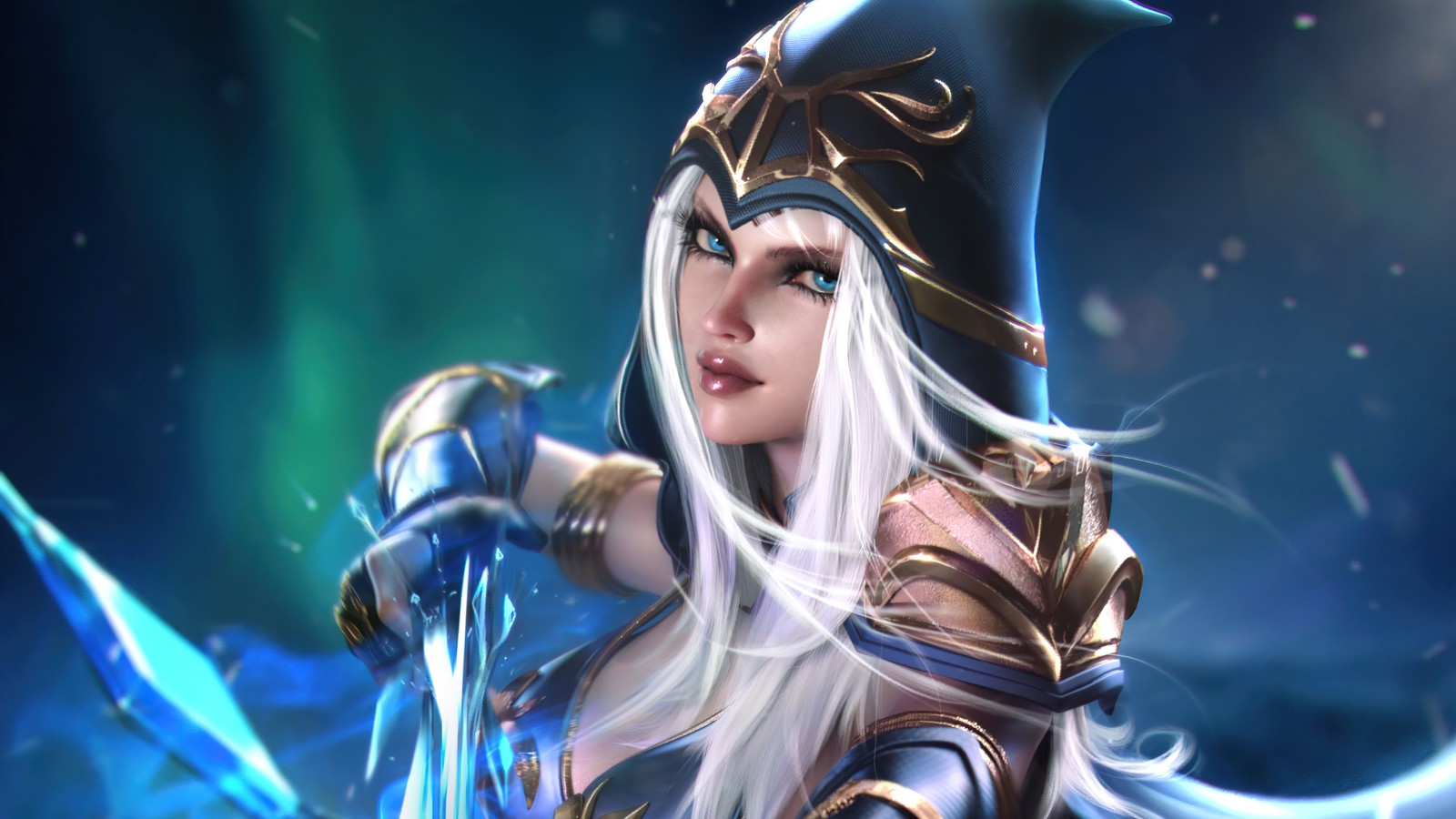 A close up of a woman with a sword in a dark room (ashe, lol, league of legends, video game)