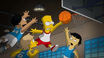 Action-packed basketball scene featuring Bart Simpson and friends in a cartoon setting.