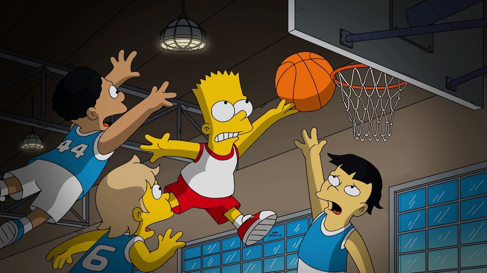 Una imagen de dibujos animados de un hombre jugando baloncesto con un grupo de niños (bart simpson, lisa simpson, homer simpson, episodio, caricatura)