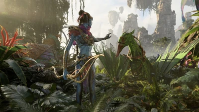 A vibrant alien landscape featuring a blue-skinned character interacting with a colorful creature amidst lush vegetation and floating mountains.