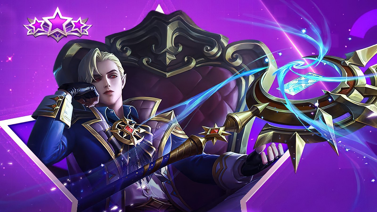 Un homme en costume bleu tenant une épée et un bouclier (cécile, cecilion, observateur détoiles, peau, mobile legends)