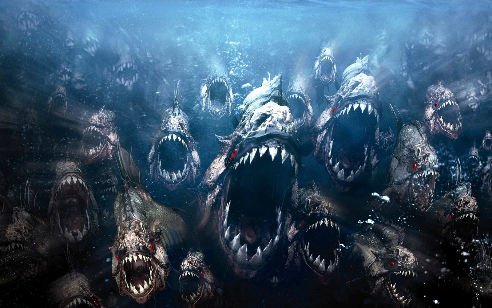 A group of fish with large mouths and sharp teeth in the water (water, animal, marine biology, underwater, special effects)