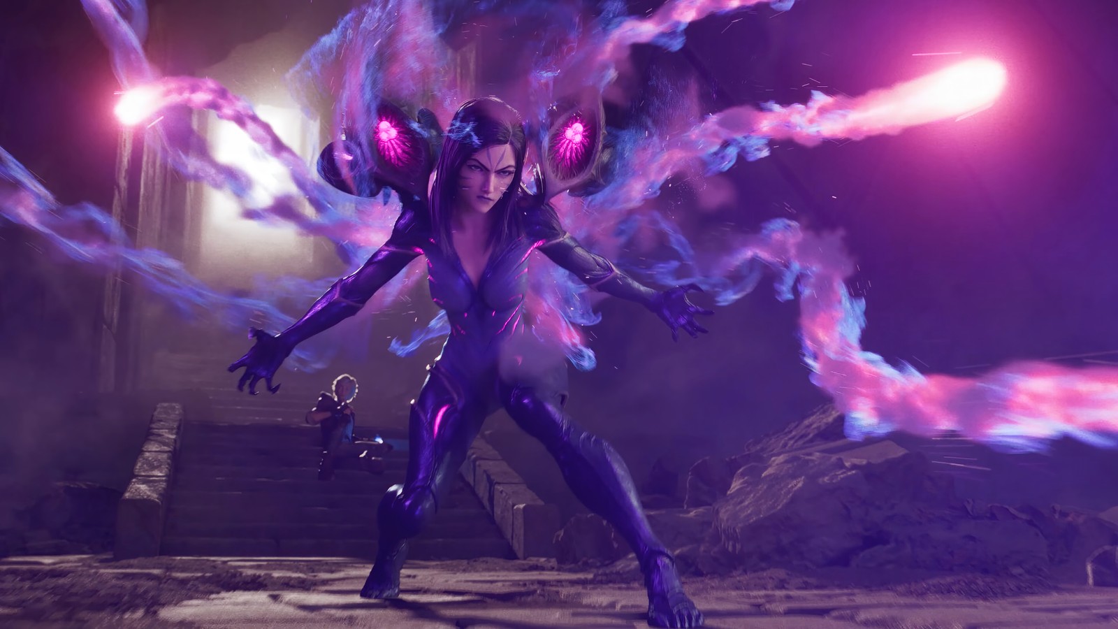 A close up of a person in a purple suit with purple lights (kaisa, lol, video game, league of legends, season 2020)