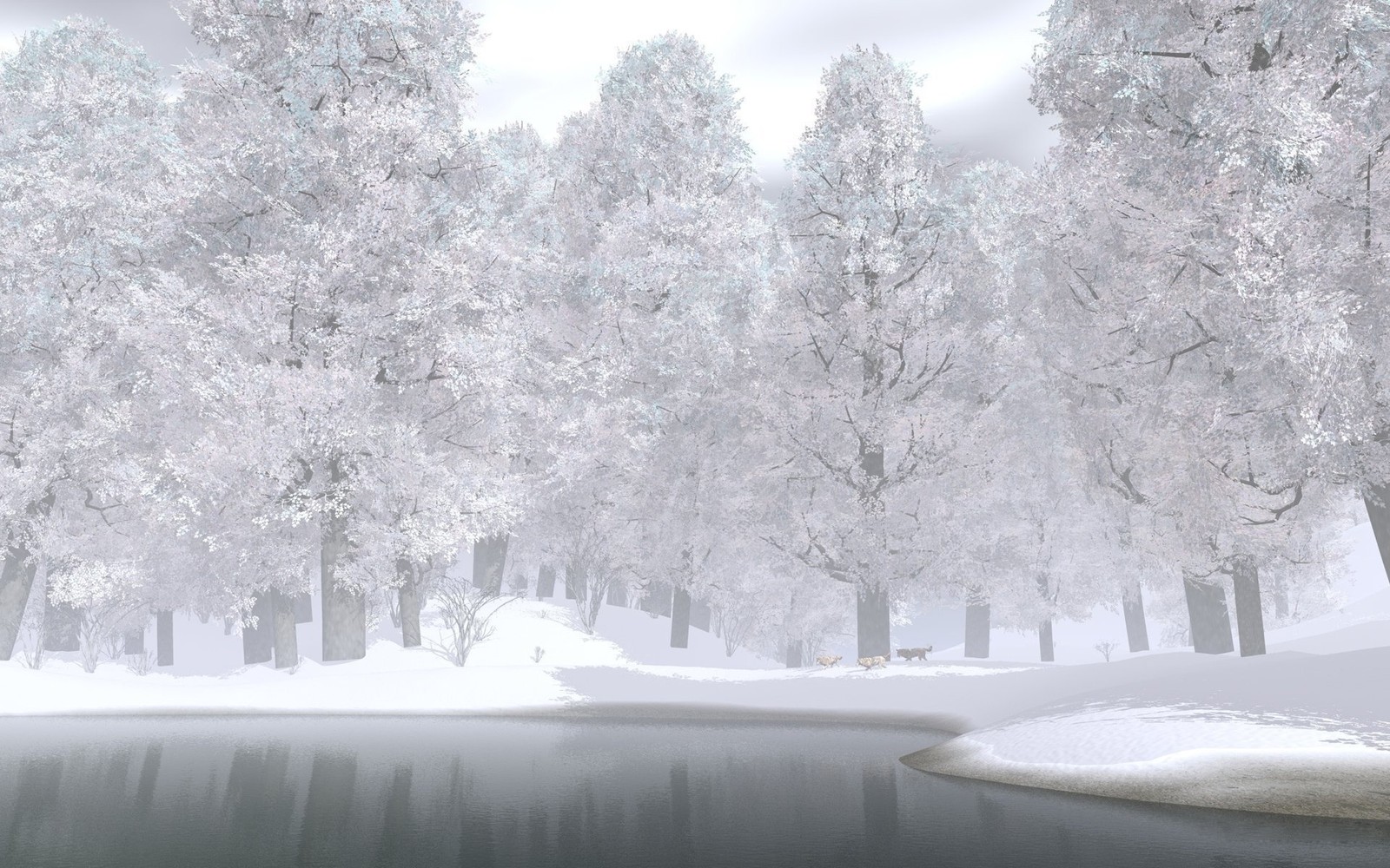 Des arbres enneigés bordent le bord d'un lac dans une forêt enneigée (neige, hiver, arbre, gel, givre)