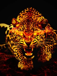 Fierce leopard charging with glowing eyes and a powerful expression against a dark backdrop.