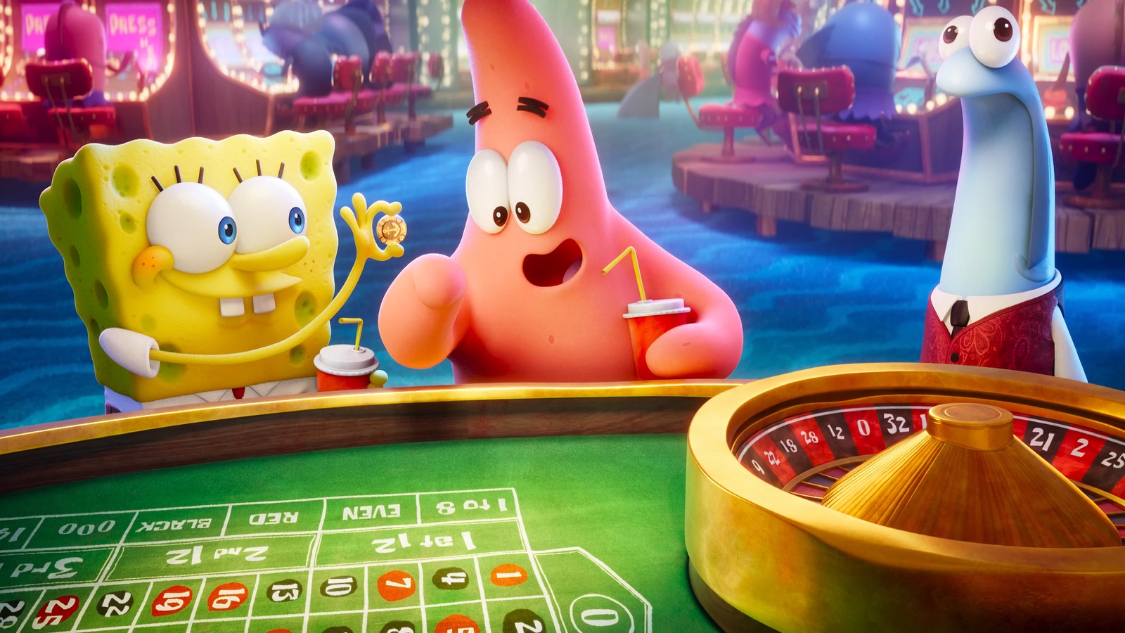 Spongebob and patrick patrick are playing roule in the casino (spongebob squarepants, patrick star, the spongebob movie sponge on the run, movie, 2020)