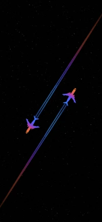 Monoplanes dans une danse cosmique : traînées bleu électrique et magenta dans l'espace extérieur