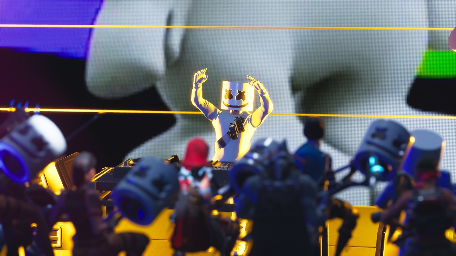 A close up of a bunch of toy figures on a stage (fortnite battle royale, video game, dj, marshmello)