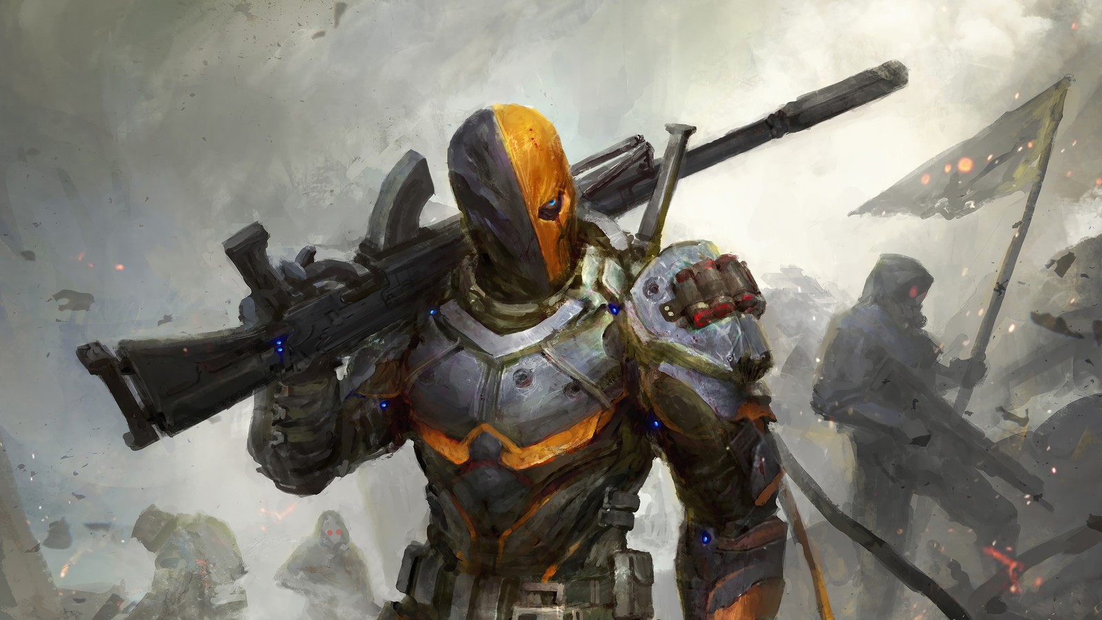 Una pintura de un hombre en traje sosteniendo un arma (deathstroke, dc comics, cómics)