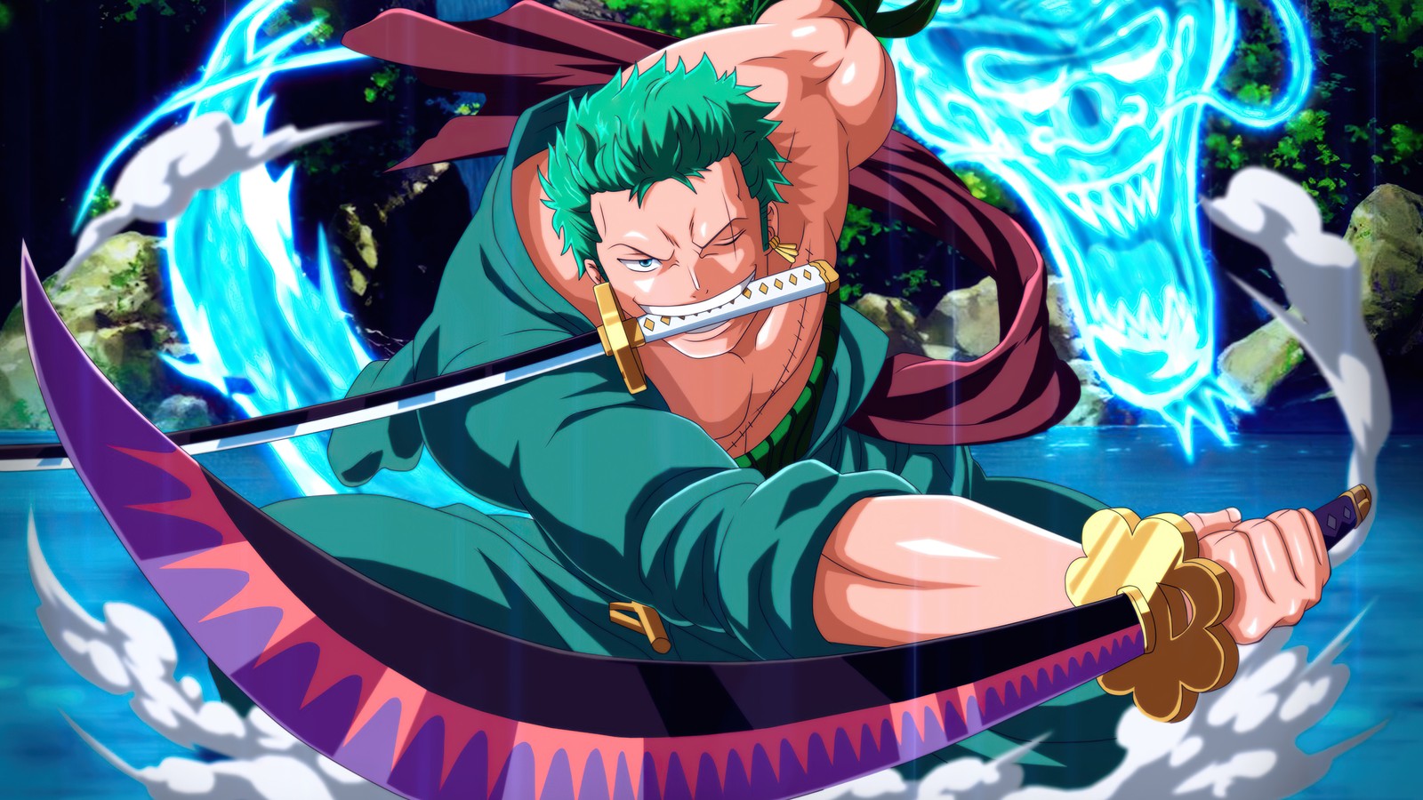 A man with green hair and a sword in a boat (roronoa zoro, 3 sword style, katana, one piece, anime)