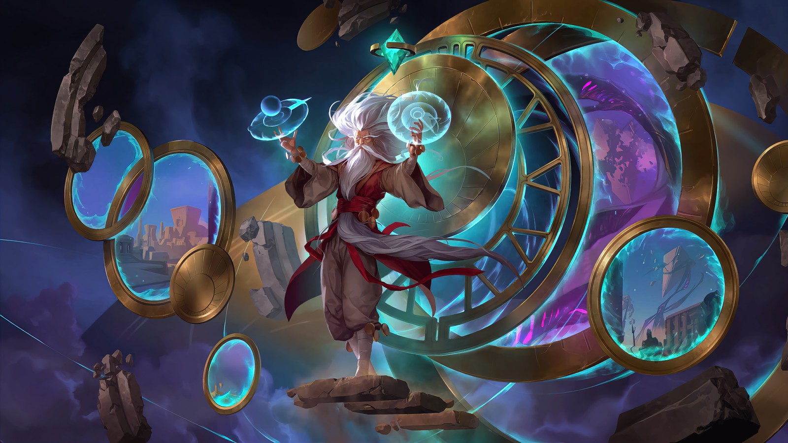 Une femme en robe rouge debout sur une horloge entourée d'objets volants (zilean, lol, league of legends, legends of runeterra, lor)