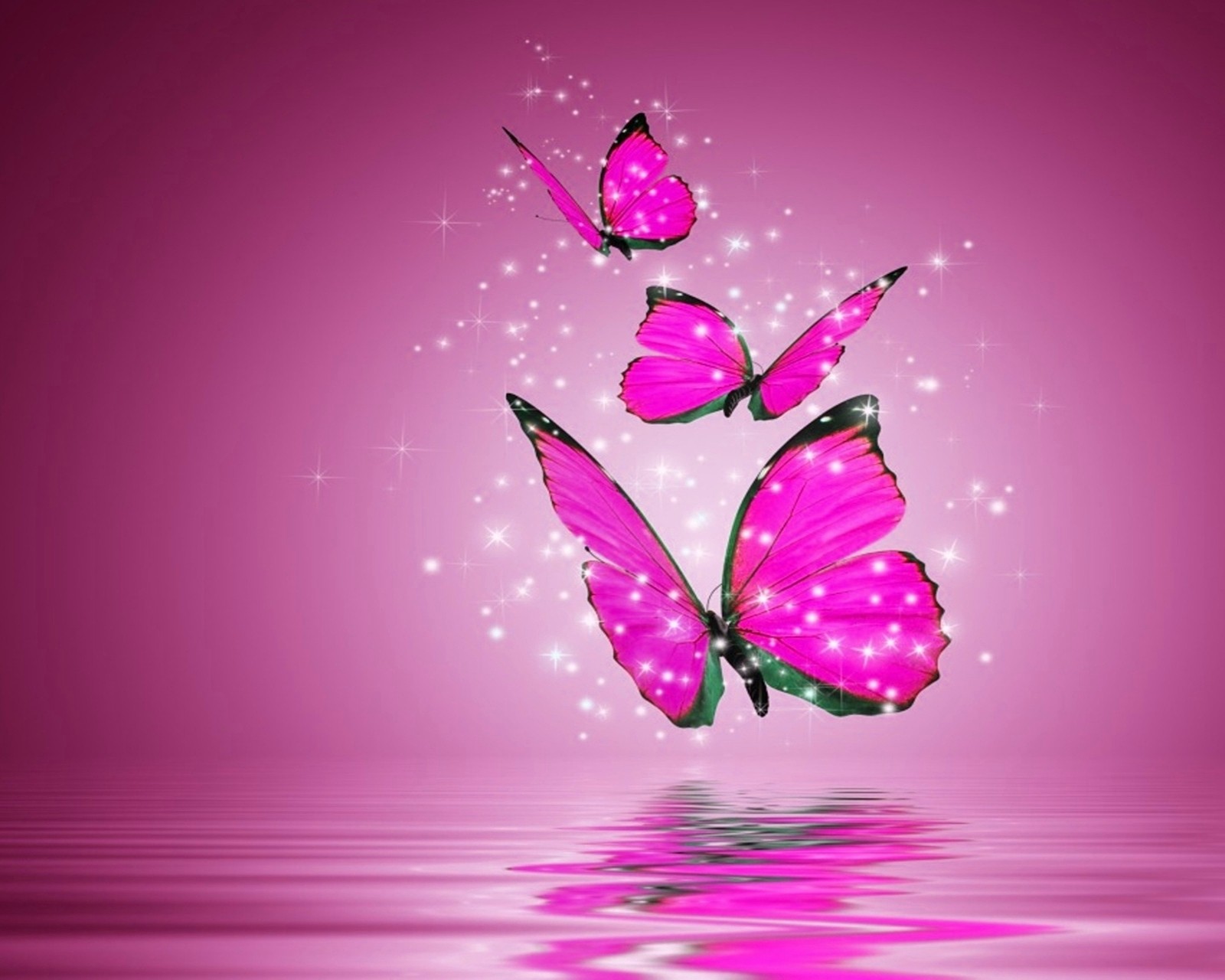 Mariposas rosas volando sobre agua con brillos y estrellas (animal, brillante, mariposas, genial, diseño)