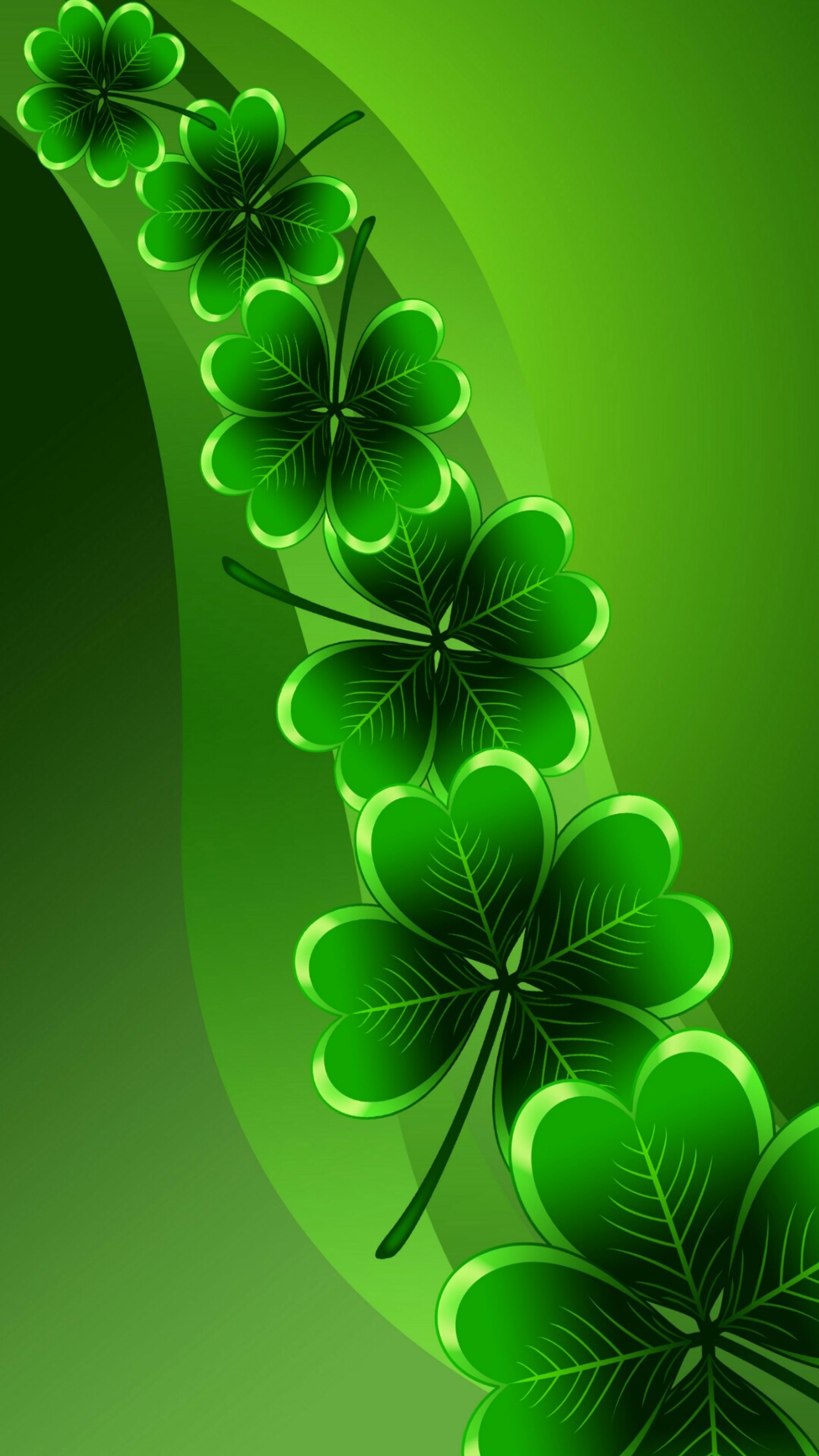 Un fondo verde con hojas de trébol y un remolino (trébol de cuatro hojas, irlandés, shamrocks, día de san patricio)