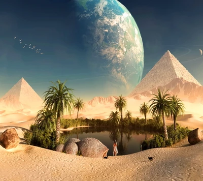 Oasis enchantée entourée de pyramides égyptiennes sous un ciel cosmique