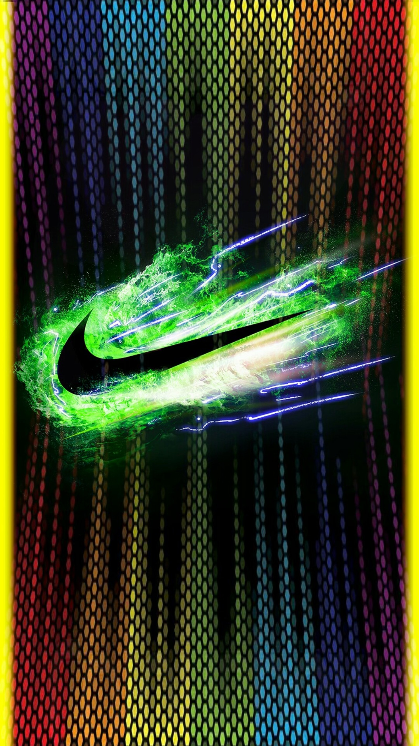 Un gros plan du logo nike sur un fond coloré (couleur, néon, nike)