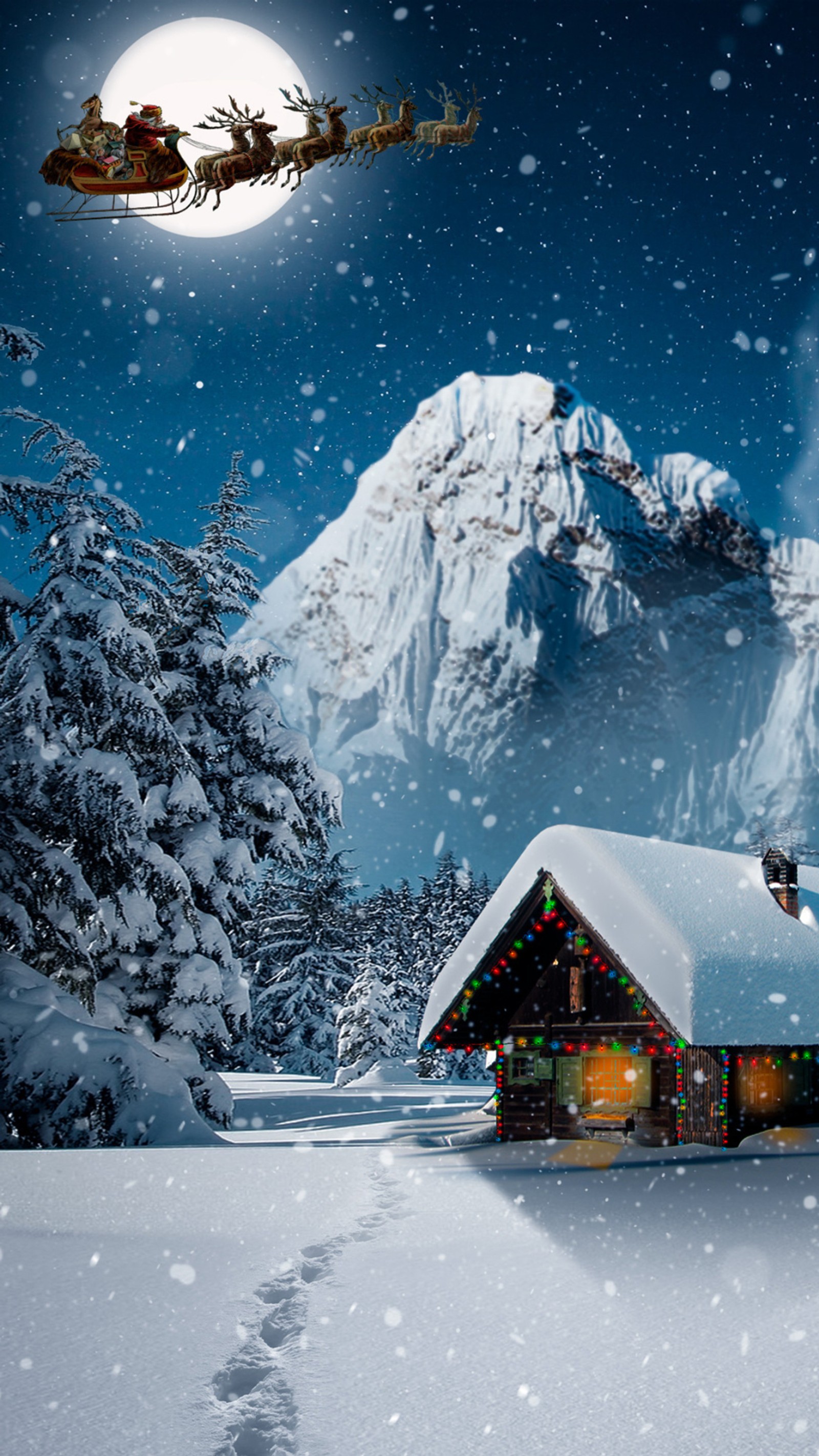 Snowy scene of a cabin with a santa clause flying over it (newyear19, santa, house, winter, holiday)