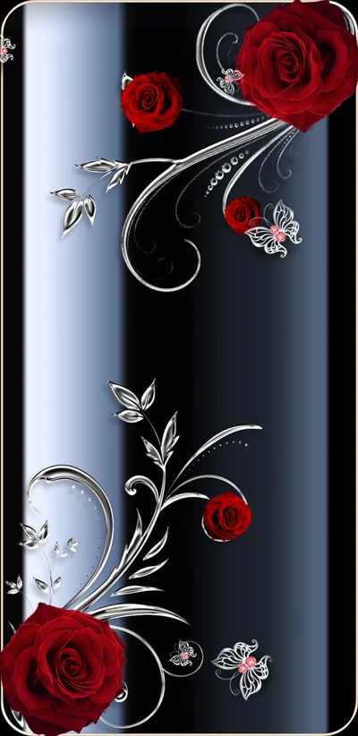 Elegant Red Roses with Delicate Butterflies on a Dark Background