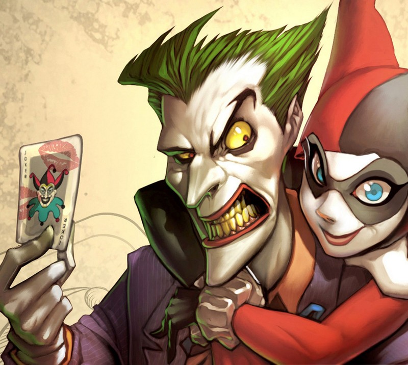 Бэтмен и джокер держат мобильный телефон в руках (harley quinn, джокер, joker, поцелуй)