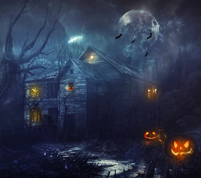 chauves souris, halloween, maison, lune, citrouille