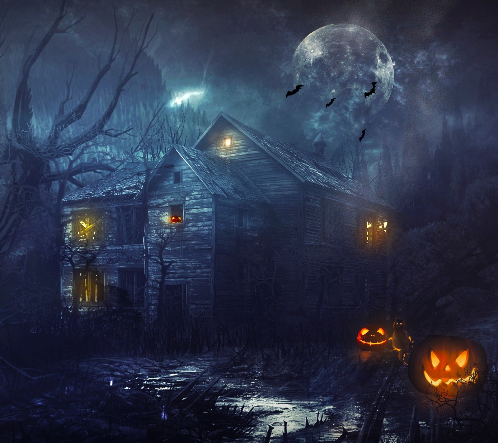 Descargar fondo de pantalla murciélagos, halloween, casa, luna, calabaza