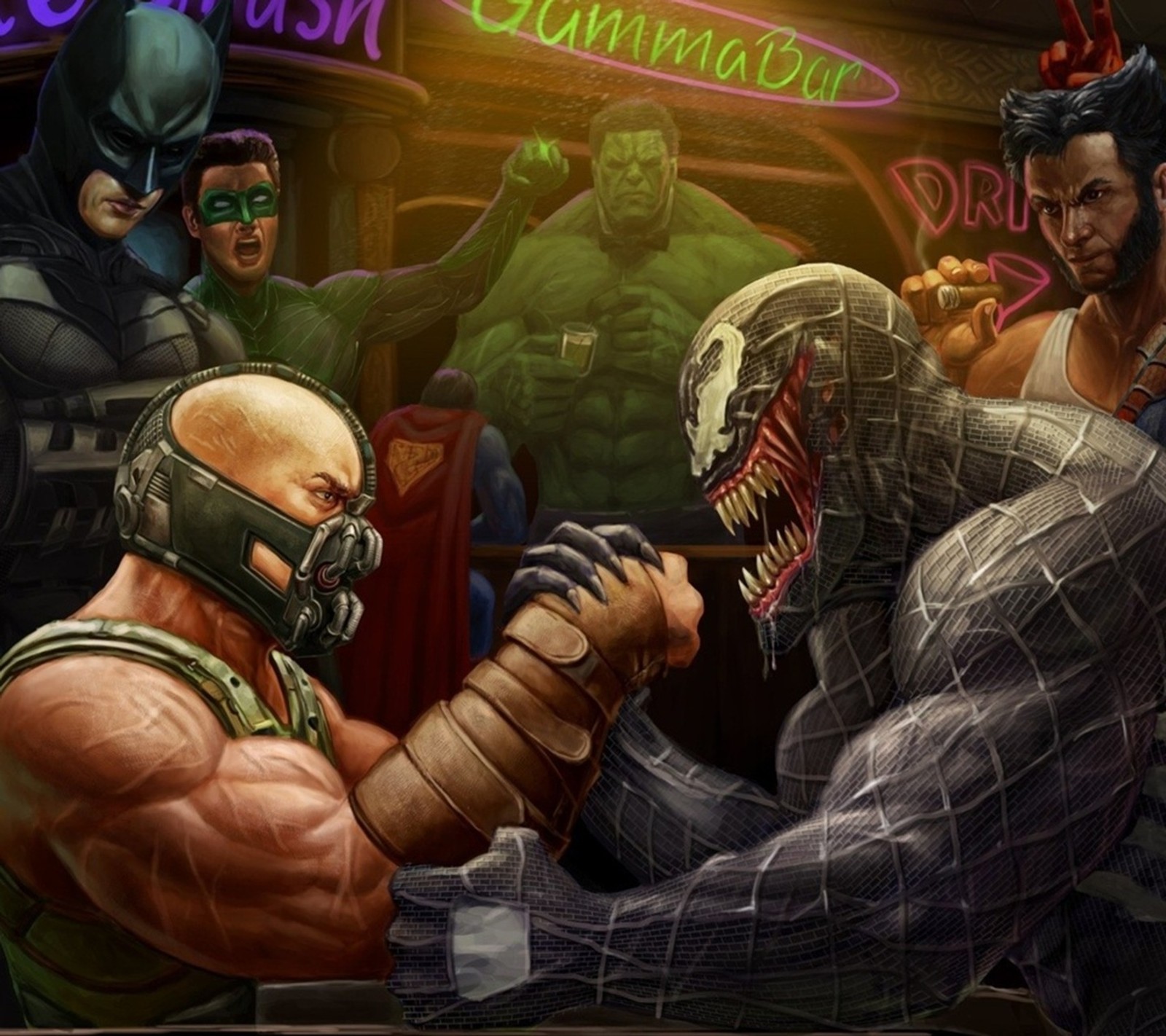 Batman et le chevalier noir se battent dans un bar (bane, cartoon, personnages, génial, combat)