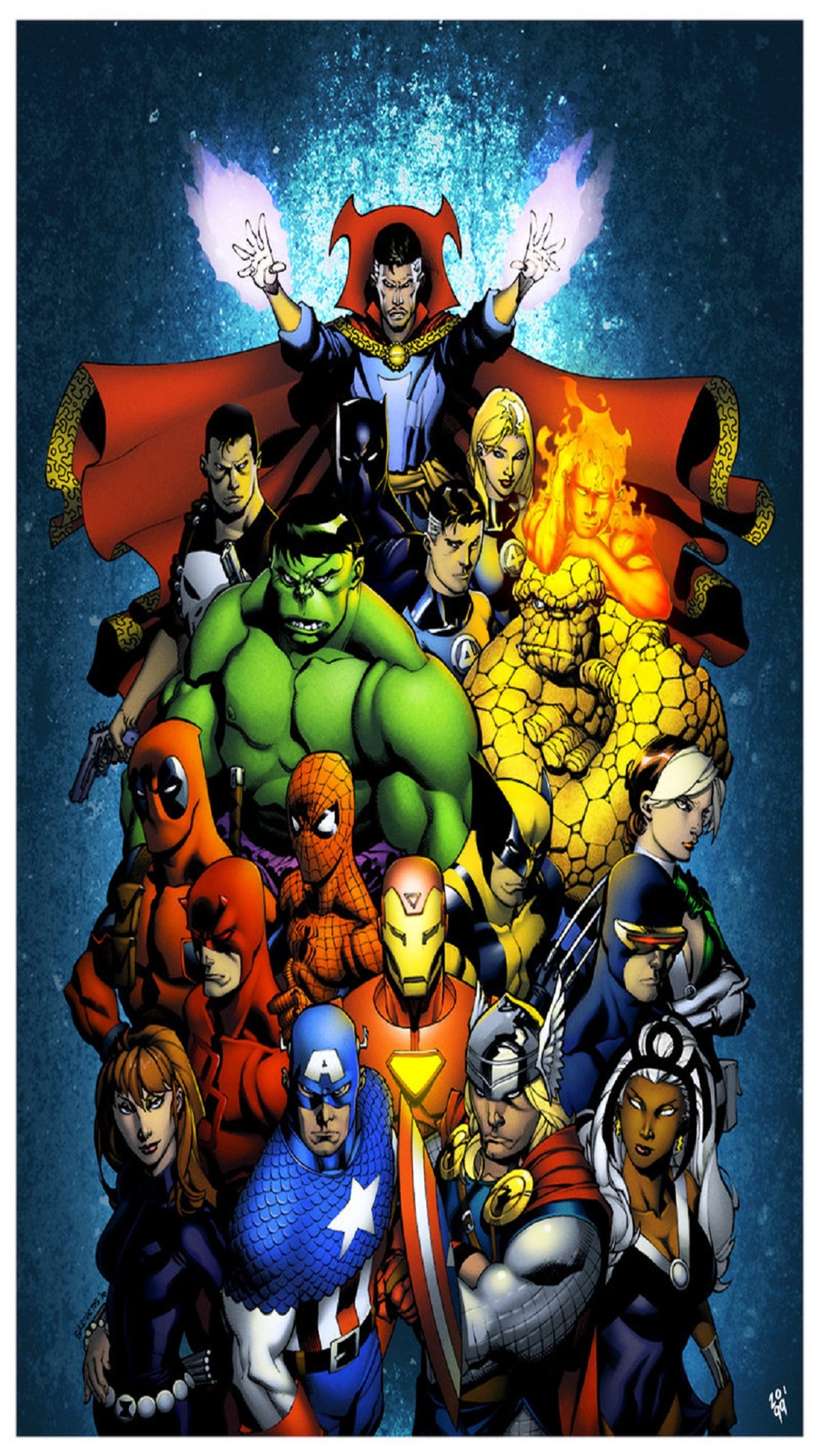 Les avengers assemblent un groupe de super-héros sur fond bleu (capitaine, hulk, ironman, spiderman, veuve)