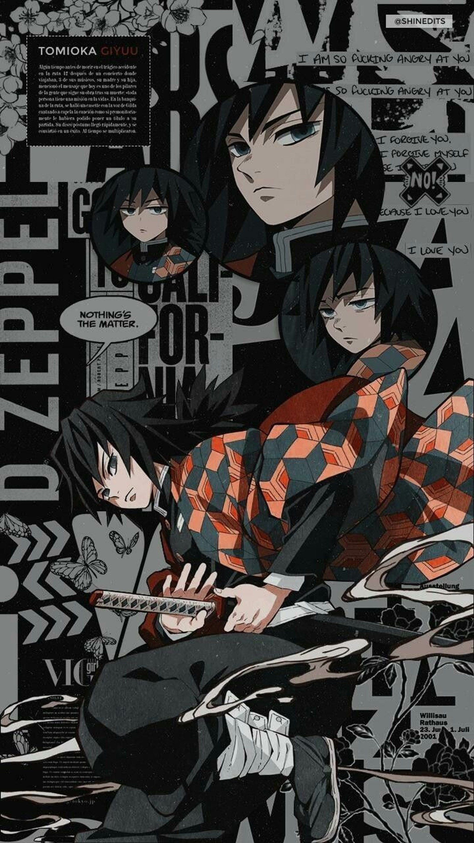 Personagens de anime com um fundo preto e um fundo vermelho e preto. (kimetsu no yaiba, pilar, tomioka, último)