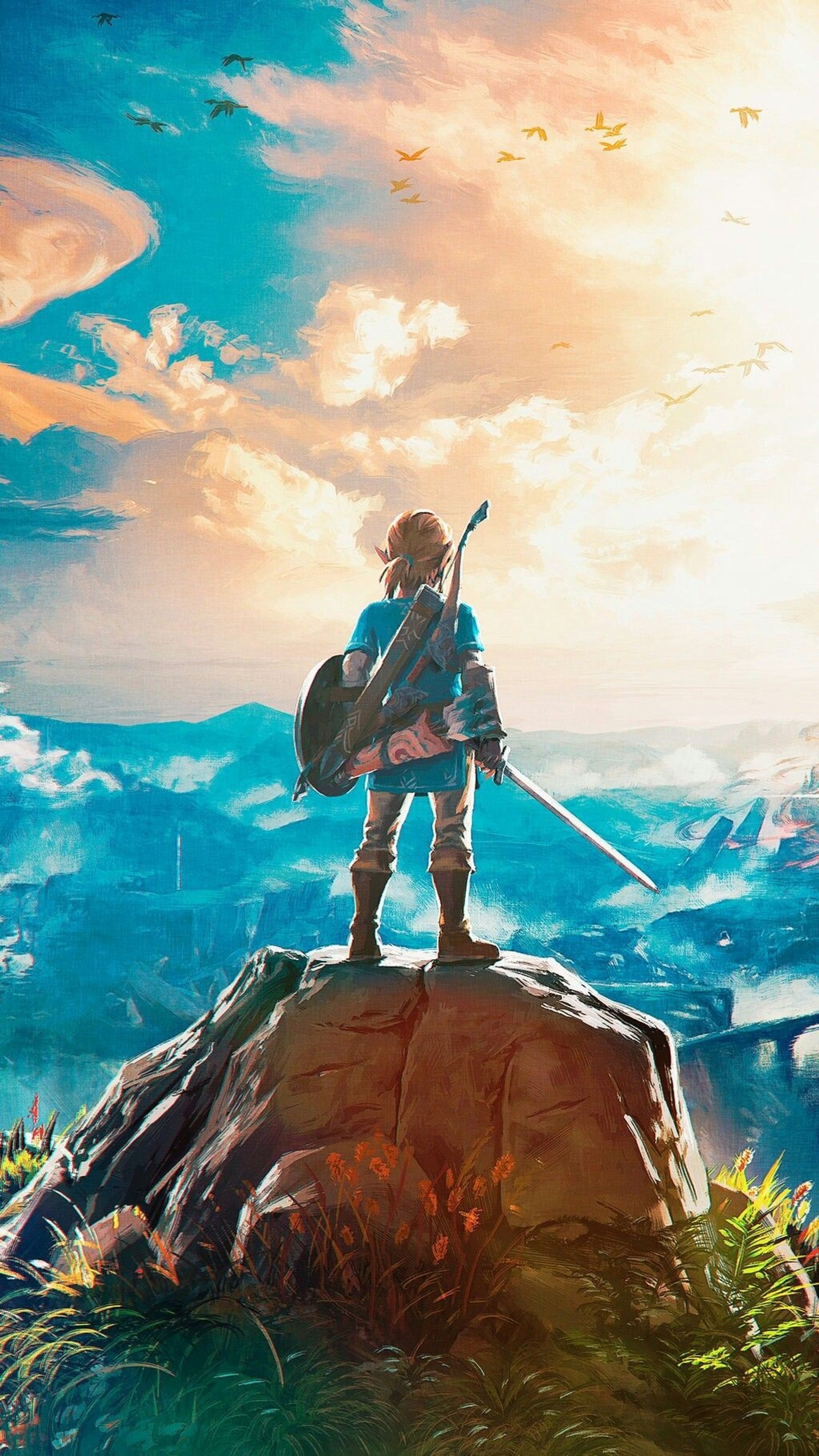 Arafed image of a man standing on a rock with a sword (game, switch, zelda)