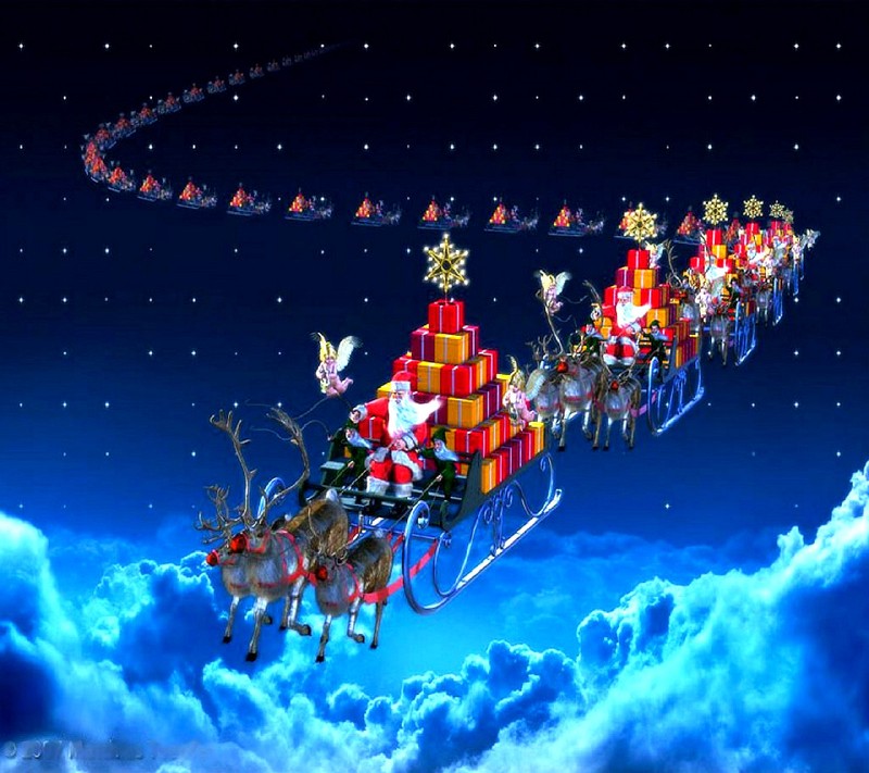 Santa claus volando en su trineo con regalos sobre un fondo de cielo (naturaleza)