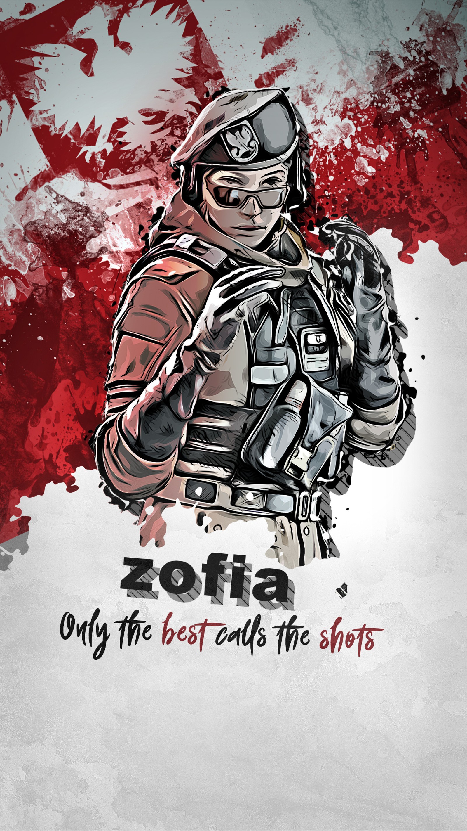 Um cartaz desfocado de um soldado com uma arma e um capacete (rainbow six siege, zofia)