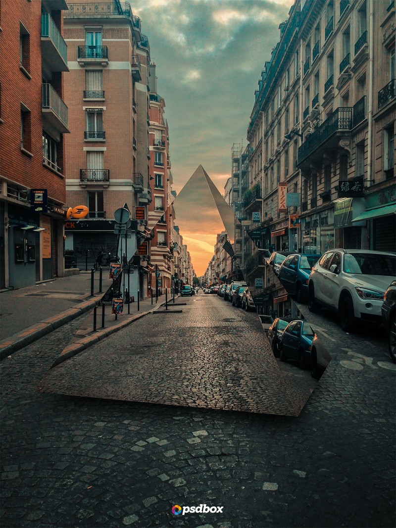 Arafed view of a street with a pyramid in the background (3d, cars, city, evening, road)