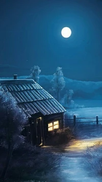 Moonlit Cabin in a Tranquil Night Landscape